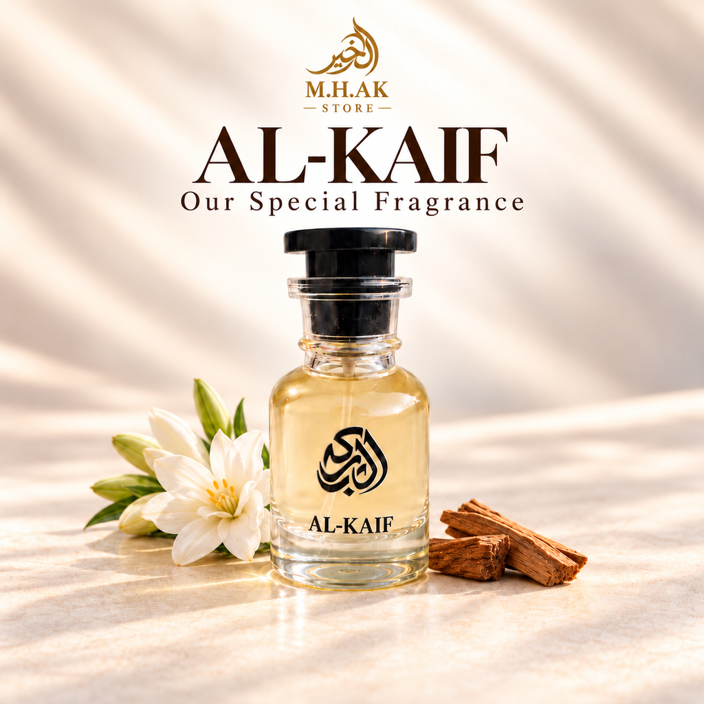 Al Barkah Al-Kaif 30ml perfume bottle with white flowers and sandalwood pieces