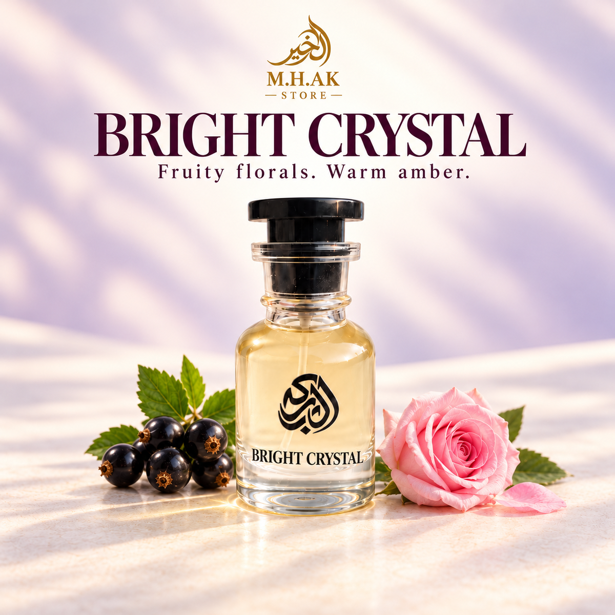 Al Barkah Bright Crystal 30ml perfume bottle with blackcurrants and a pink rose