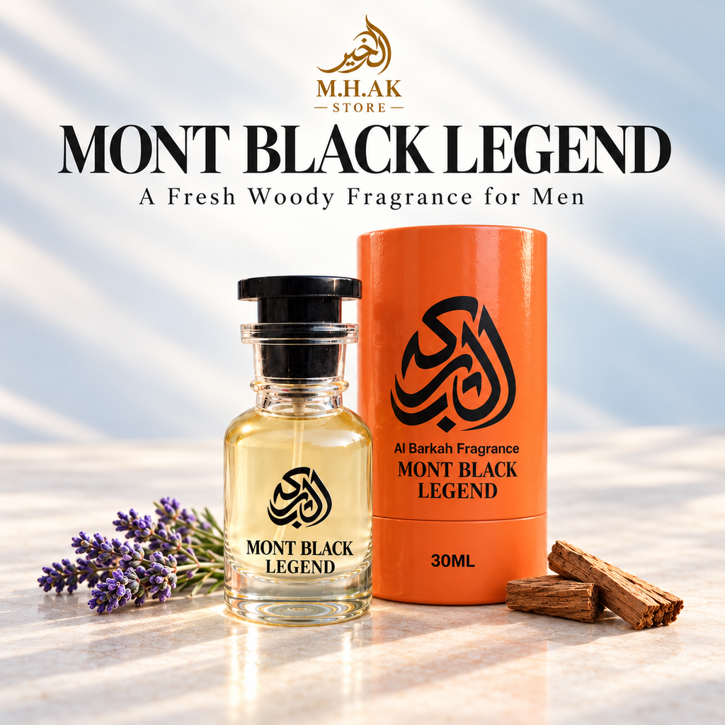 Al Barkah Mont Black Legend 30ml perfume bottle beside its orange cylindrical packaging