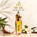 Musk 6ml attar with gold cap, coconut, white flowers and vanilla, with the MHAK Store logo