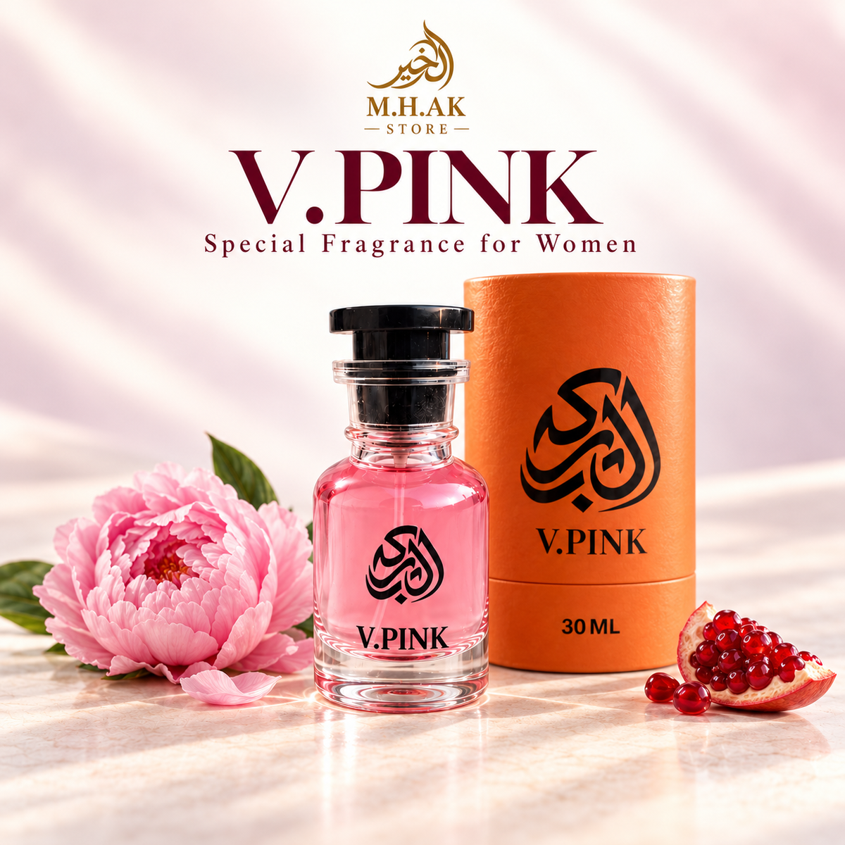 Al Barkah V.PINK 30ml perfume bottle beside its orange cylindrical packaging