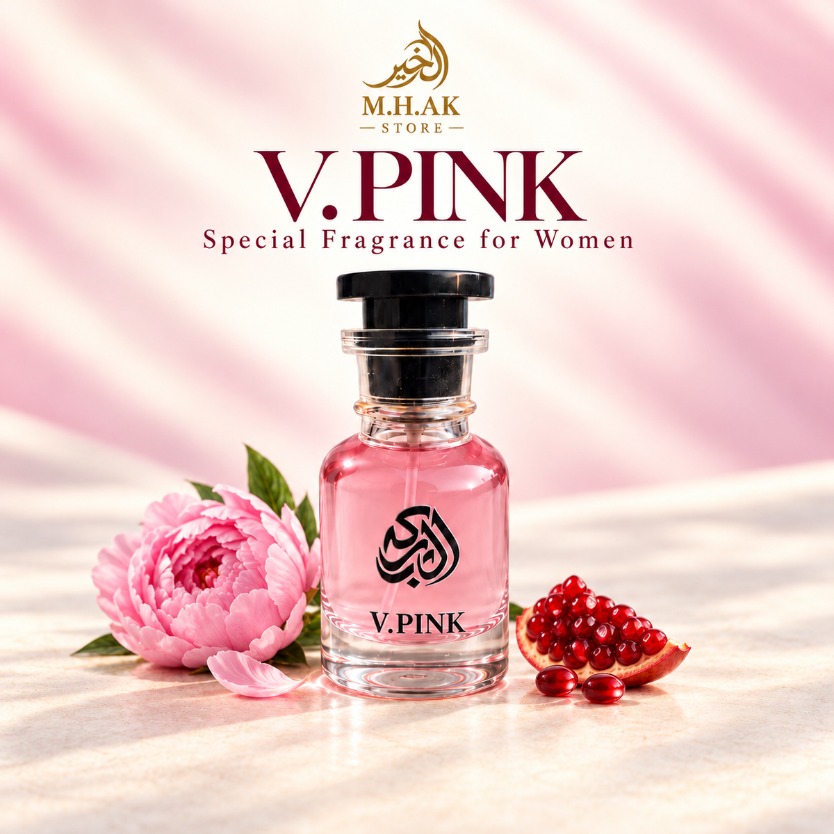 Al Barkah V.PINK 30ml perfume bottle with a pink peony and pomegranate